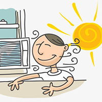 Ilustração de menina na frente do ar condicionado.
